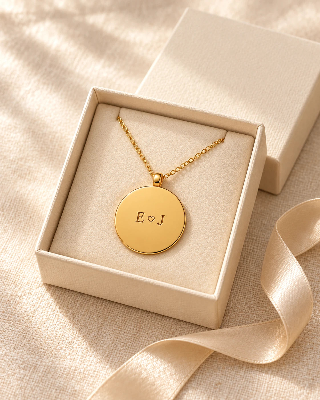 Gift presentation concept: gold E heart J pendant in an ivory jewellery box with a silk ribbon