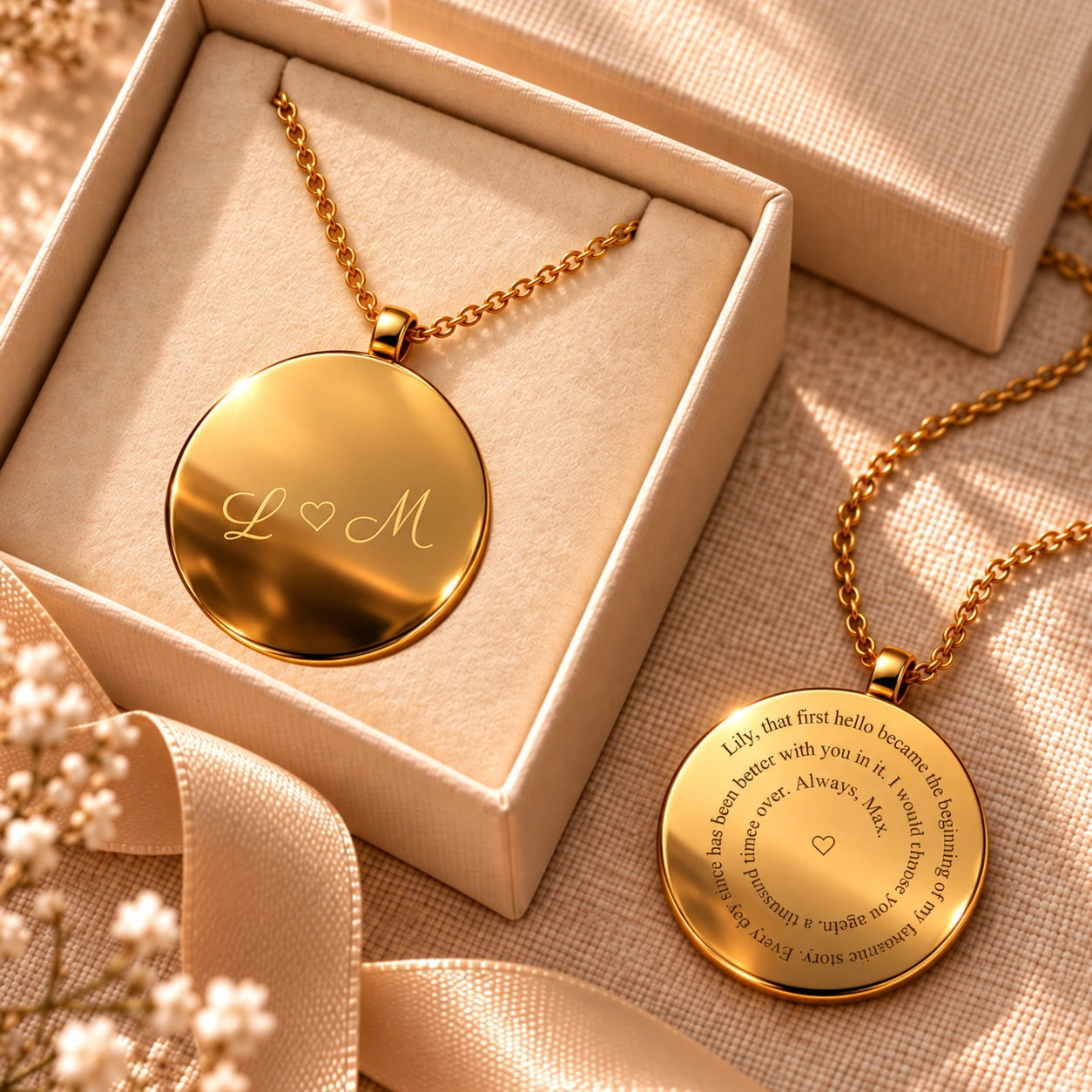 Front and back views of a gold personalised pendant: L heart M in Love note lettering, and Lily and Max's story in a spiral, styled with an ivory gift box